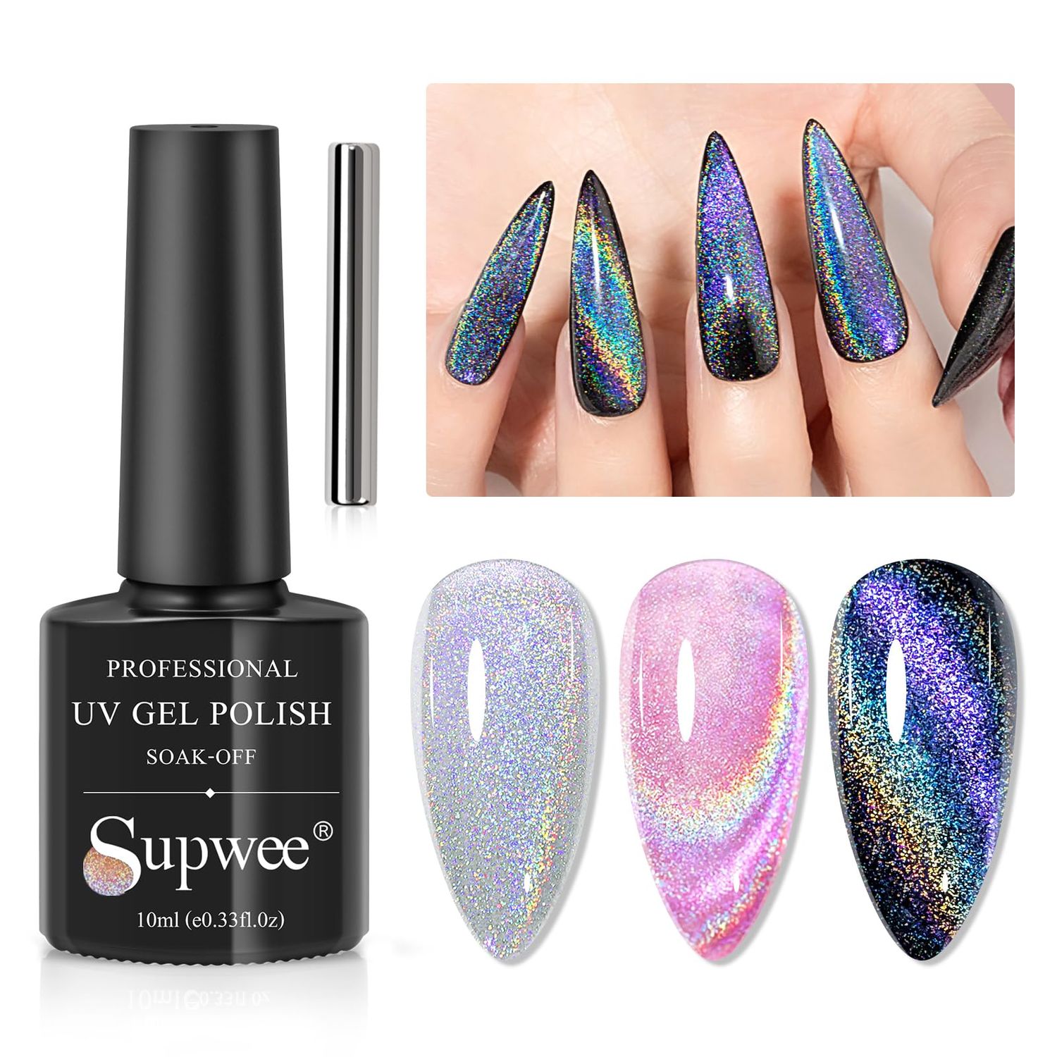 SUPWEE Universal Rainbow Cat Eye Gel Polish Holographic 9D Cat Eye Nail Polish Sparkle Nail Gel Polish with Magnetic Stick Varnish Nail Art Nail Salon Manicure 1 Bottle 10ML(0.33fl.oz)