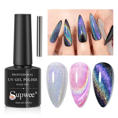 SUPWEE Universal Rainbow Cat Eye Gel Polish Holographic 9D Cat Eye Nail Polish Sparkle Nail Gel Polish with Magnetic Stick Varnish Nail Art Nail Salon Manicure 1 Bottle 10ML(0.33fl.oz)