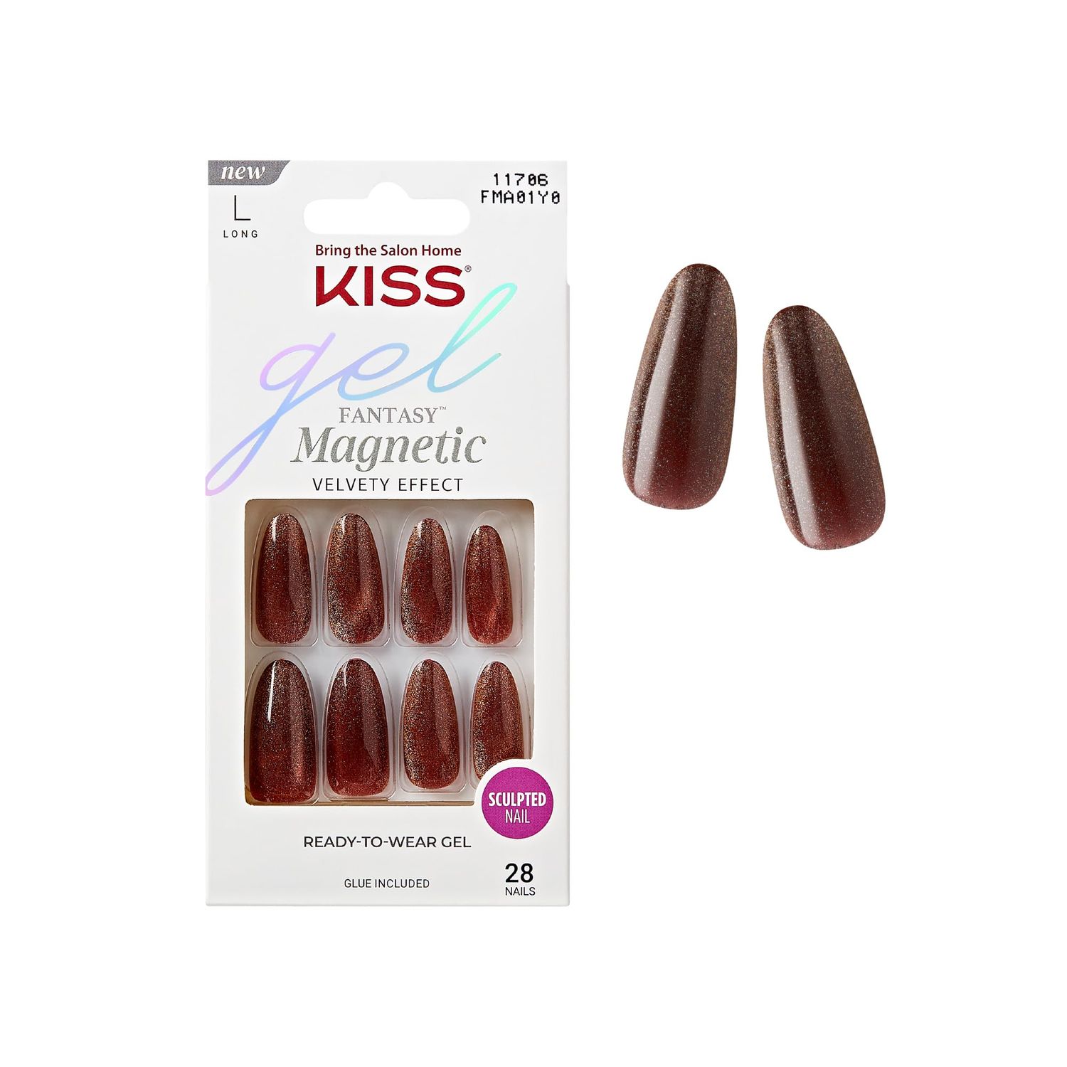 KISS Gel Fantasy 28 Pcs Press On Nails, Long Almond Fake Nails, Brown Magnetic Cat Eye Polish Stick On Extensions, Reusable Velvet Full Cover Kit with Glue, Manicure Stick &amp; File, Wear for 7 Days