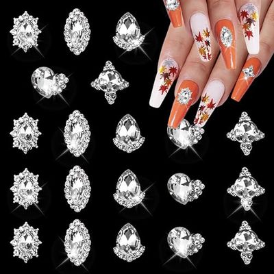 SILPECWEE 20pcs 3d Nail Rhinestone Gems Silver Nail Charms Clear Crystal for Nails Diamond Flat-back Alloy Nail Art Charms Nail Studs Nail Jewels Decoration for DIY Salon Manicure Accessories