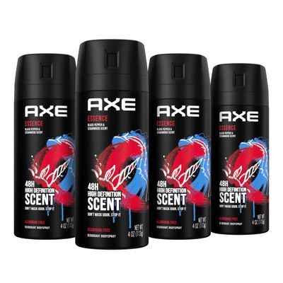 AXE Body Spray Deodorant for Long Lasting Odor Protection Essence Black Pepper &amp; Cedarwood Mens Deodorant Formulated Without Aluminum, 4 Ounce (Pack of 4)