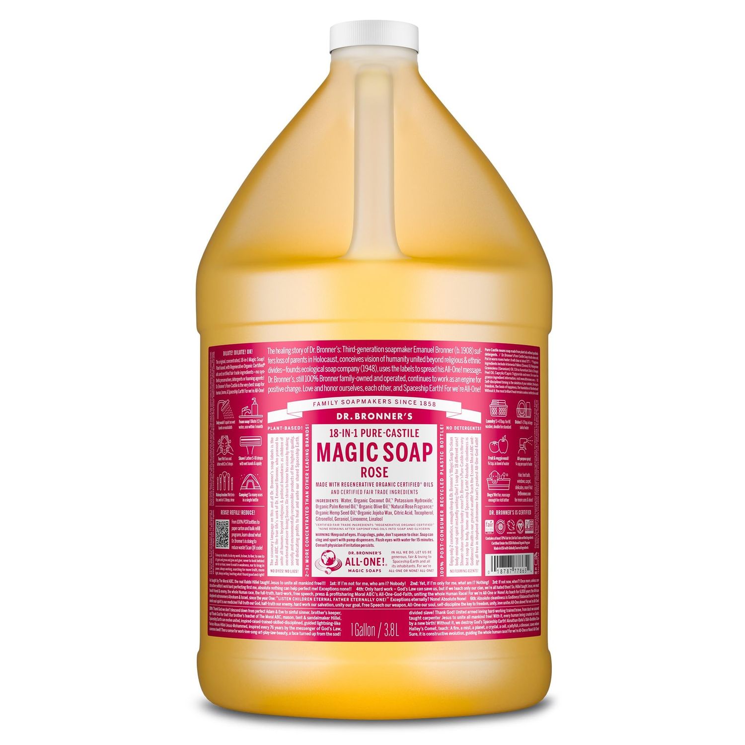 Dr. Bronners Magic Soap Pure-Castile Liquid Soap (Rose, 1 Gallon) - Made with Organic Oils, 18-in-1 Uses: Face, Body, Hair, Laundry, Pets and Dishes, Concentrated, Vegan, Non-GMO