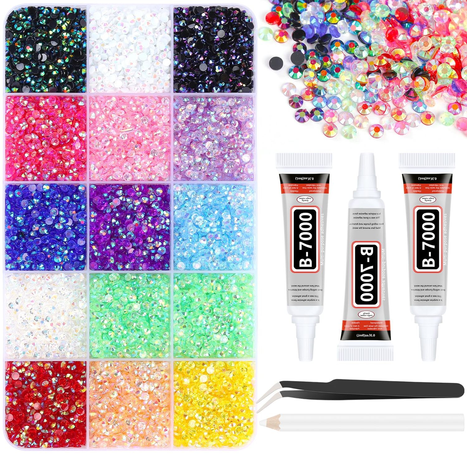 18000Pcs Resin Rhinestones for Crafting, 15 Colors 3mm Flat Back Nail Rhinestones for Bedazzling, Crystal Gems Glue Kit for Nail Art Clothing and DIY Crafts, with 3Pcs B7000 Jewelry Glue and Tweezer