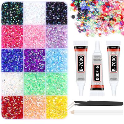 18000Pcs Resin Rhinestones for Crafting, 15 Colors 3mm Flat Back Nail Rhinestones for Bedazzling, Crystal Gems Glue Kit for Nail Art Clothing and DIY Crafts, with 3Pcs B7000 Jewelry Glue and Tweezer