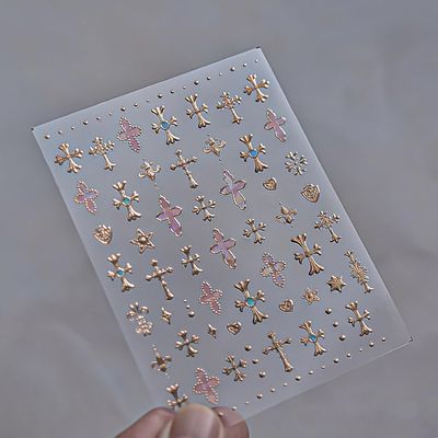 ESOTERIQUE Gold Cross Nail Stickers, 5D Embossed Rose Gold and Gothic Cross Decals for DIY Nail Art, Self-Adhesive Nail Charms for Women and Girls, Perfect for Y2K and Manicure Designs, 1 Sheet