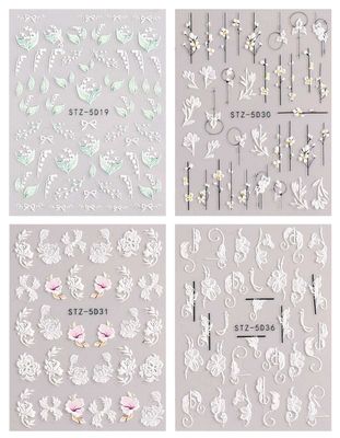 JMEOWIO 3D Embossed Spring Flower Nail Art Stickers Decals Self-Adhesive Pegatinas Uas 5D Colorful Summer Floral Nail Supplies Nail Art Design Decoration Accessories 4 Sheets