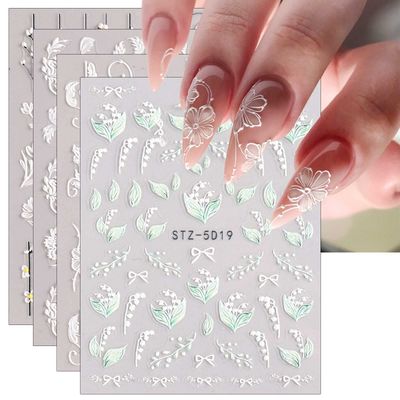 JMEOWIO 3D Embossed Spring Flower Nail Art Stickers Decals Self-Adhesive Pegatinas Uas 5D Colorful Summer Floral Nail Supplies Nail Art Design Decoration Accessories 4 Sheets