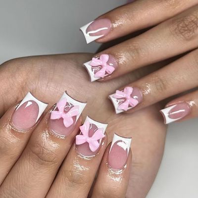 24Pcs BMKKOT Short Press on Nails White French Tip Fake Nails Pink Full Cover Glue on Nails 3D Pink Bow Nail Charm Design Glossy False Nails Cute Artificial Acrylic Nails for Women Girl Manicure Decor