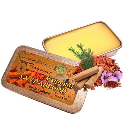 Exquisite SANDALWOOD Perfume - Eau de Parfum - Solid Balm - Natural Essential Oils Aromatherapy Fragrance (Santalum Album, Spruce, Amber, Palo Santo, Saffron, Wood) Travel Size, Party Gifts - 0.5oz