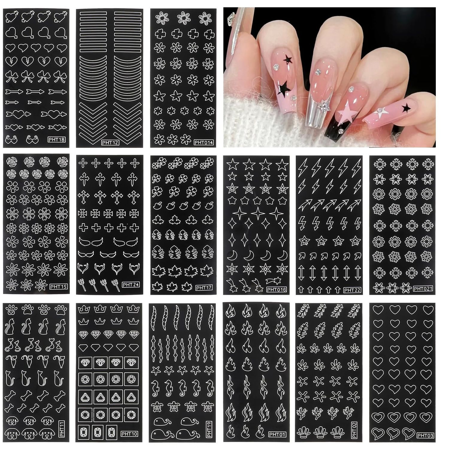 24 Sheets Airbrush Stencils for Nails, Hollow Nail Stencils Stickers Nails Art French Design Moon Stars Heart Decals Supplies for Women Manicure Decoration DIY Tools (154 Designs)