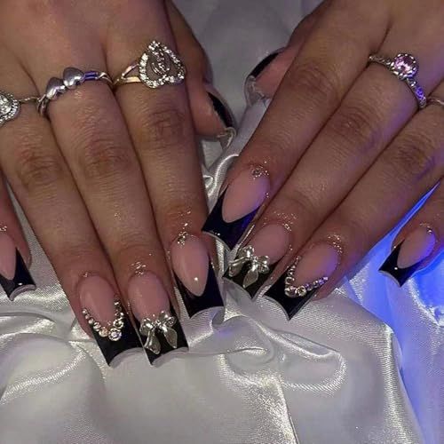24Pcs Black French Press on Nails Long Coffin Fake Nails with Charm Bow Design,French Tip DIY Manicure Square False Nails Press ons Glitter Rhinestone Nails Kit for Women,Daily Wear Nail Decorations