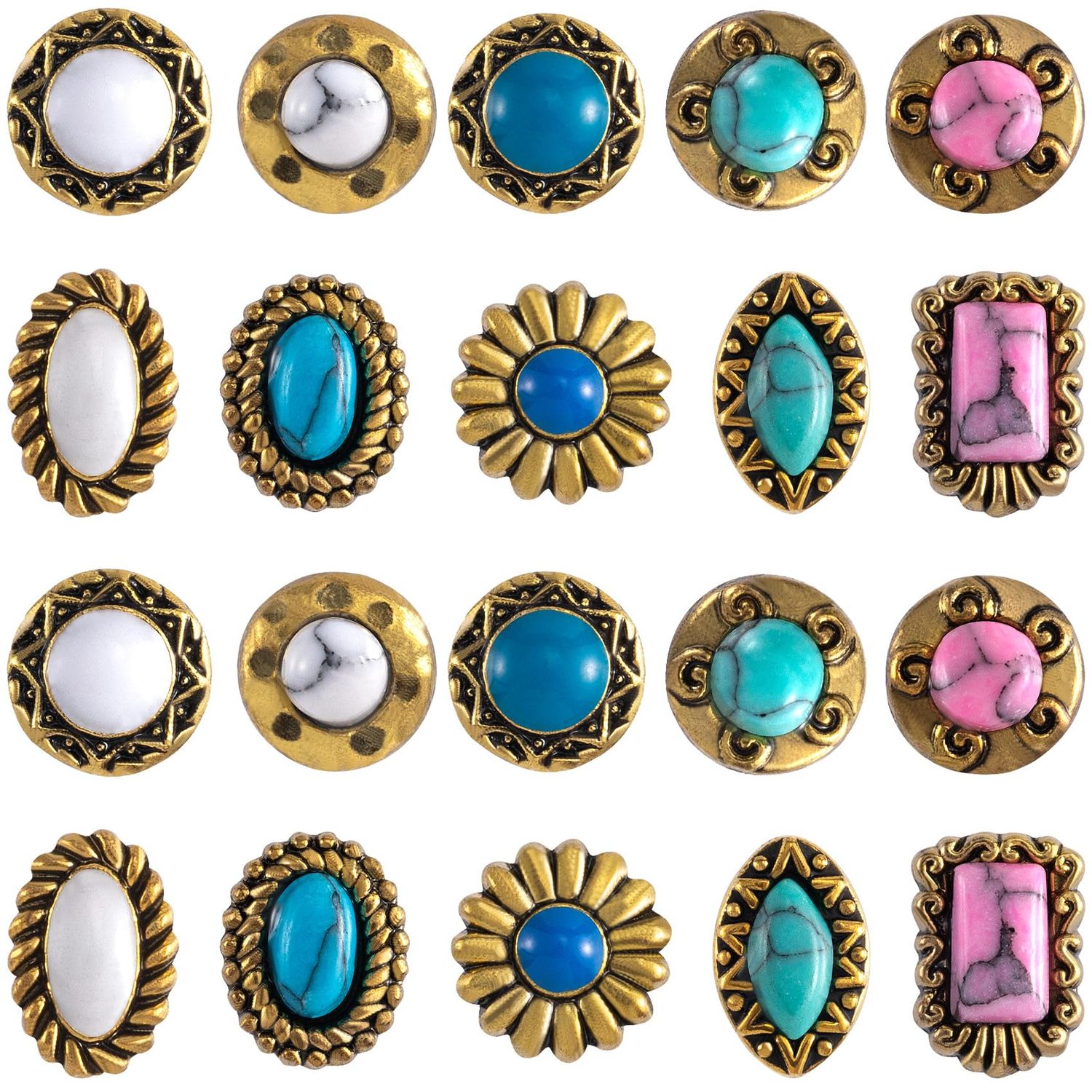 HINZIC 20Pcs Western Nail Charm 3D Vintage Turquoise Daisy Nail Art Rhinestones Blue White Pink Marble Gems Jewel Accessories for Acrylic Nails Women Valentines Wedding Prom Decorations