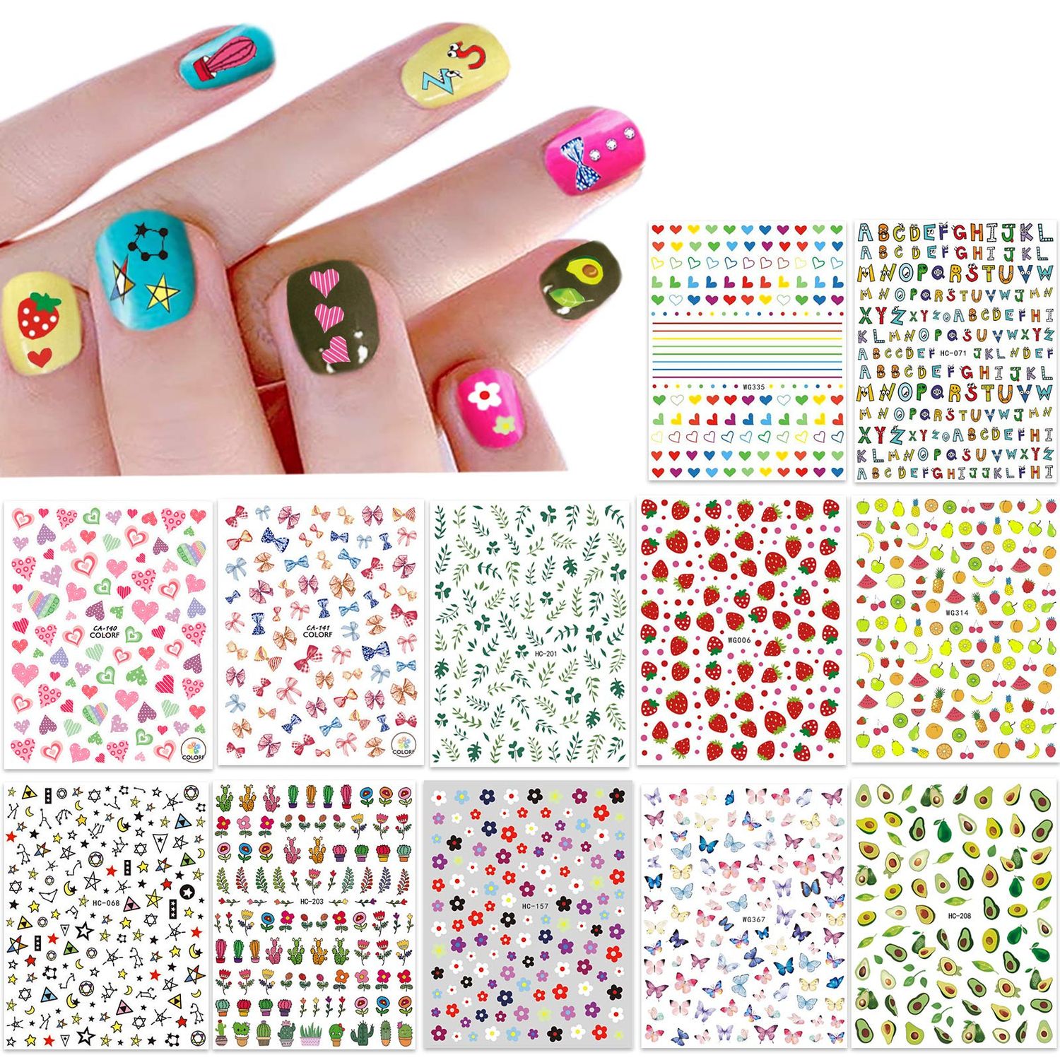 New 12 Large Sheets of Cute Nail Stickers for Women and Teen Girls Self Adhesive Nail Decals for Nail Art Decoration Including Hearts Stars Letters Bowknot Leaves Flowers Plants Fruits Butterflies