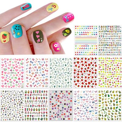 New 12 Large Sheets of Cute Nail Stickers for Women and Teen Girls Self Adhesive Nail Decals for Nail Art Decoration Including Hearts Stars Letters Bowknot Leaves Flowers Plants Fruits Butterflies