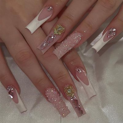 FOXIIU Press on Nails Coffin Long Length Glossy Full Cover Acrylic Coffin Shape French False Nails with Diamond Designs Artificial Square Fake Nails with Charms Stick on Fingernails for Women Girls