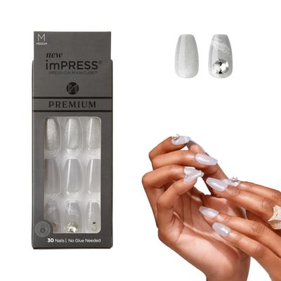 KISS imPRESS No Glue Mani Press On Nails, Premium, Legacy, Gray, Medium Size, Coffin Shape, Includes 30 Nails, Prep Pad, Instructions Sheet, 1 Manicure Stick, 1 Mini File