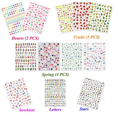 New 12 Large Sheets of Cute Nail Stickers for Women and Teen Girls Self Adhesive Nail Decals for Nail Art Decoration Including Hearts Stars Letters Bowknot Leaves Flowers Plants Fruits Butterflies