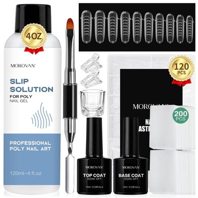 Morovan Poly Gel Slip Solution - 4oz Slip Solution for PolyGel Nails Anti-Stick Extension Gel Kit with Base Coat Top Coat Nail Cleaner Dual Nail Forms