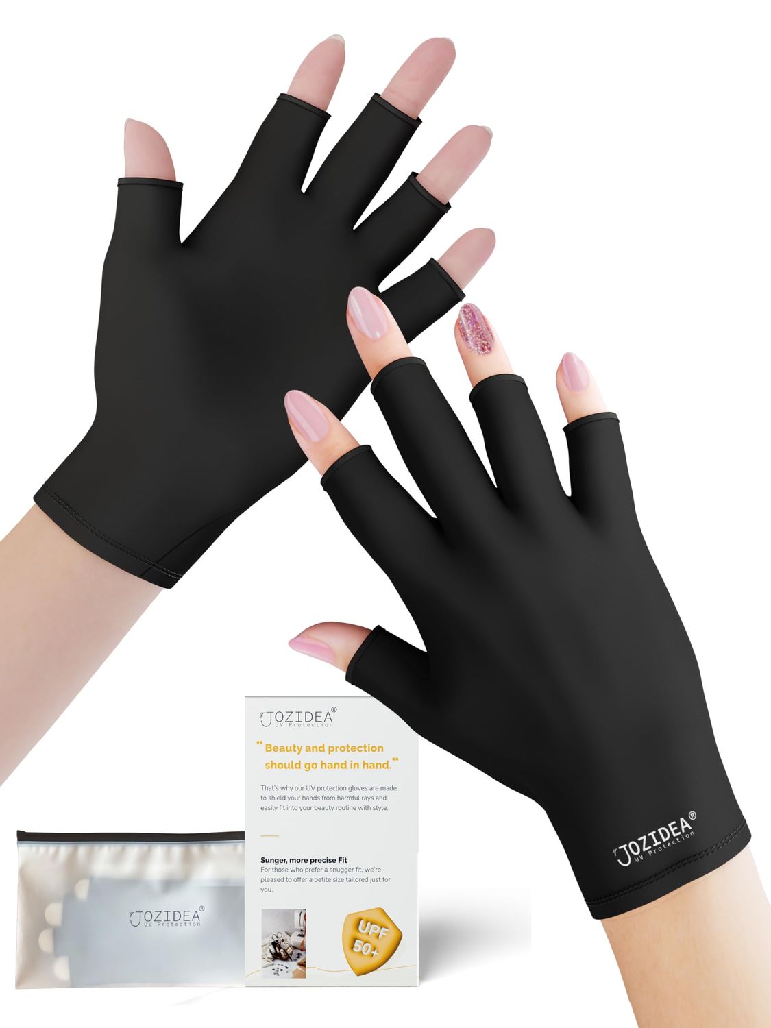 jozidea Petite Hands UV Gloves for Gel Manicures, UPF50 UV Protection Gloves, Fingerless Design for Nails Protect Hands Anti Sun and UVA UVB light(Black-Small Size)