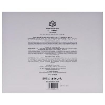 New Brand Prestige Silence for Women - 4 Pc Gift Set 3.3oz EDP Spray, 0.5oz EDP Spray, 4.3oz Shower Gel, 4.3oz Body Lotion