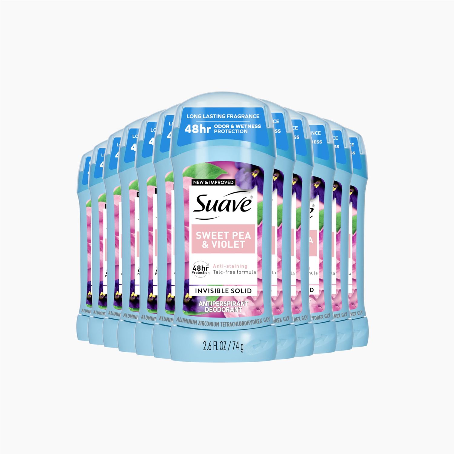 Suave Antiperspirant Deodorant For Women, Invisible, Underarm Deodorant, 48hr Odor &amp; Wetness Protection, Sweet Pea &amp; Violet Fragrance, Sensitive Skin Deodorant Solid Stick, 2.6 oz (12 Bulk Pack)