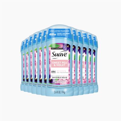 Suave Antiperspirant Deodorant For Women, Invisible, Underarm Deodorant, 48hr Odor &amp; Wetness Protection, Sweet Pea &amp; Violet Fragrance, Sensitive Skin Deodorant Solid Stick, 2.6 oz (12 Bulk Pack)