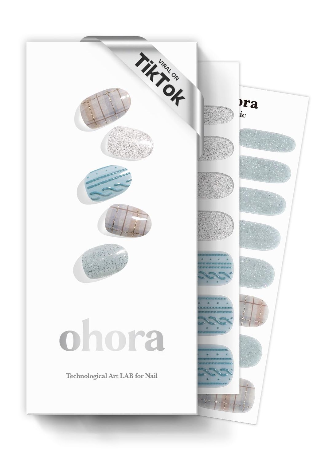 ohora Semi Cured Gel Nail Strips (N Fuzzy Sweater) - Blue &amp; Gray, Works with Any UV/LED Lamps, Salon-Quality, Long Lasting, Easy to Apply &amp; Remove - Includes 2 Prep Pads, Nail File &amp; Wooden Stick