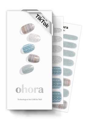 ohora Semi Cured Gel Nail Strips (N Fuzzy Sweater) - Blue &amp; Gray, Works with Any UV/LED Lamps, Salon-Quality, Long Lasting, Easy to Apply &amp; Remove - Includes 2 Prep Pads, Nail File &amp; Wooden Stick