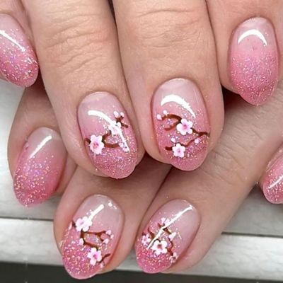24Pcs Short Press on Nails Oval Fake Nails with Cherry Blossom Design Glitter Pink Glue on Nails Cute False Nails Spring Flower Acrylic Nails Almond Artificial Stick on Nails for Women Nail Decoration