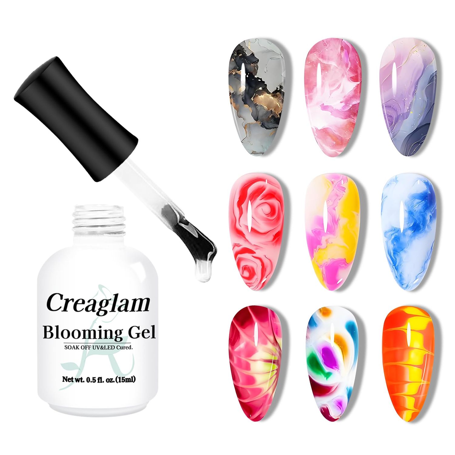 Creaglam Blooming Gel Nail Polish: Marble Natural Stone Clear Blossom Gel Polish for Women at Home Art Design - 15ml Nail Glue Spreading Effect - UV LED DIY Nail Salons Color Flower Watercolor Magic