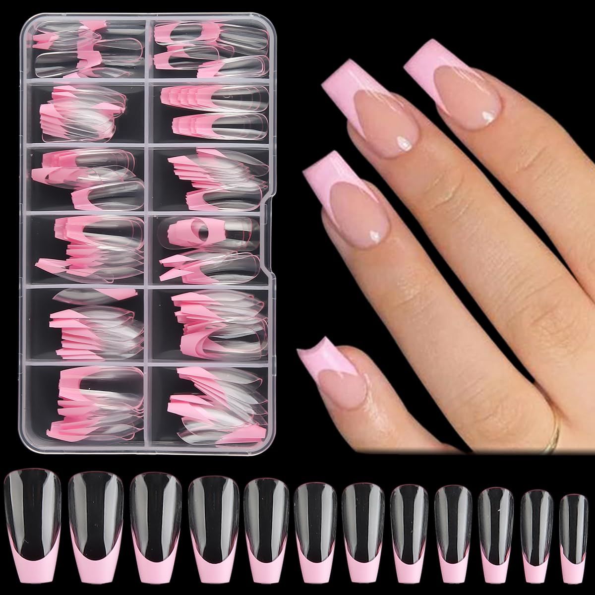 Fcozpjk French Tip Press On Nails Pink, Short Coffin French Tips Stick On Nails, Wearable False Nail Tips Full Cover Soft Gel Tips, Y2K Design Glue On Nails in 12 Sizes, Nail Salon Supplies