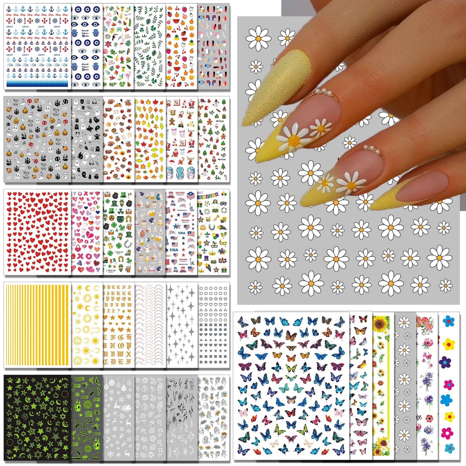 winthrop 36 Sheets All Holiday Nail Art Stickers, Mixed Season Nail Decals Set for All Year, Spring Summer 3D Self-Adhesive Colorful Pegatinas Uas Daisy Butterfly 4th of July Halloween Christmas
