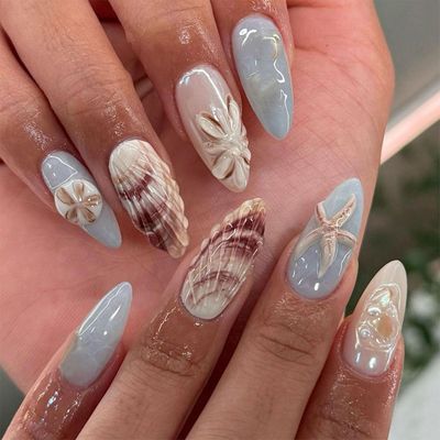 IMRAIN Almond Press on Nails Medium Fake Nails with Shell Design 3D Sea Star Blue False Nails Glossy Full Cover Acrylic Spring Summer Glue Stick on Nails for Women Girls DIY Manicure 24Pcs