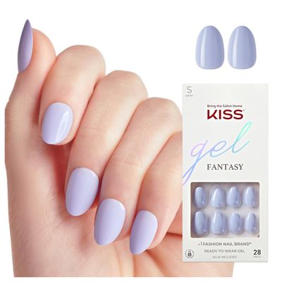 KISS Gel Fantasy Color Press On Nails, Day1, Solid Blue, Short Almond, Ultra-Smooth Finish, 28 Fake Nails, Pink Gel Nail Glue (2g), Mini Nail File, &amp; Manicure Stick