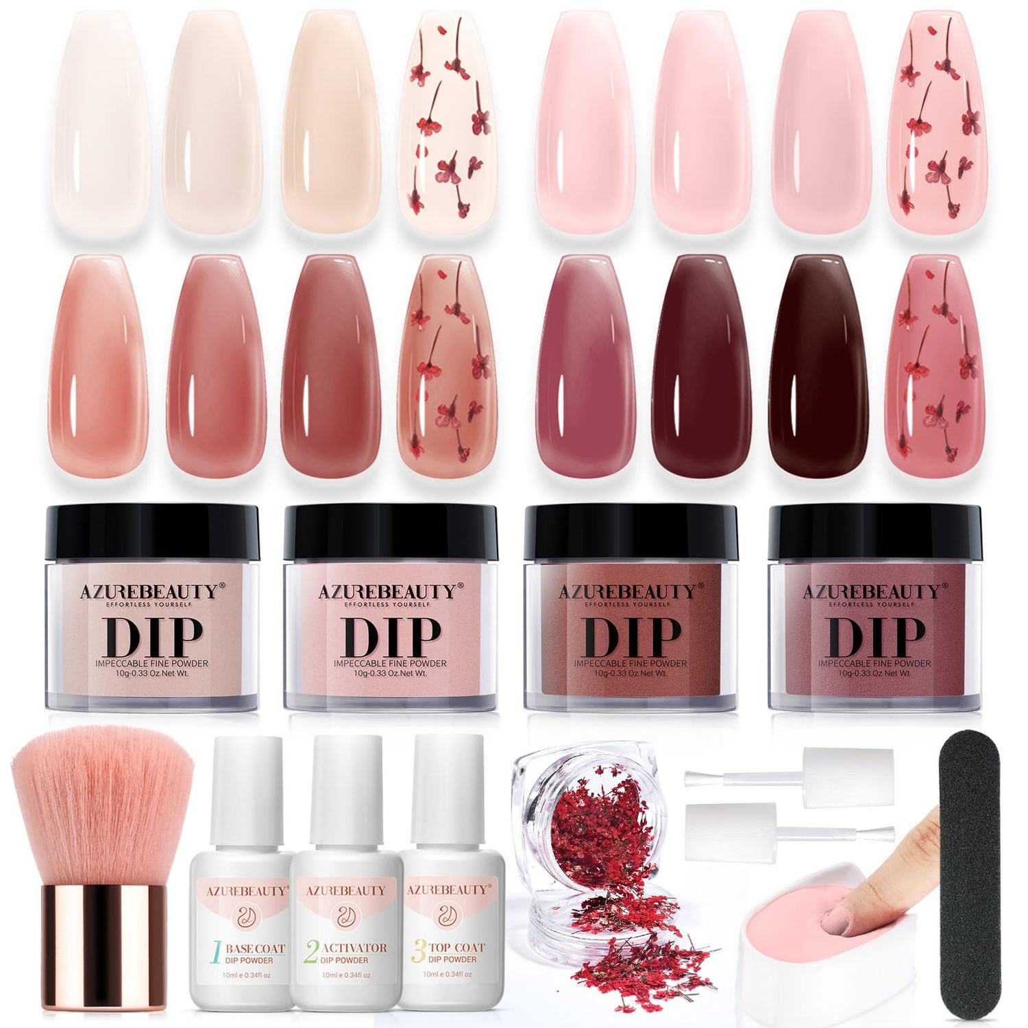 AZUREBEAUTY Dip Powder Nail Kit, 4 Colors Jelly Transparent with Dried Flower Set, Nude Brown Natural Dipping Powder Starter Liquid Set Recycling Tray with Base &amp; Top Coat Activator