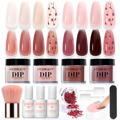 AZUREBEAUTY Dip Powder Nail Kit, 4 Colors Jelly Transparent with Dried Flower Set, Nude Brown Natural Dipping Powder Starter Liquid Set Recycling Tray with Base &amp; Top Coat Activator