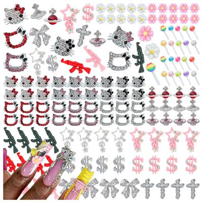 XIYONALI 124PCS Nail Charms for Acrylic Nails - Silver Jewels Cat Bow Planet Gun Dollar Sign Star Cross Resin Flower Candy Accessories for Art Supplies Manicure Craft DIY