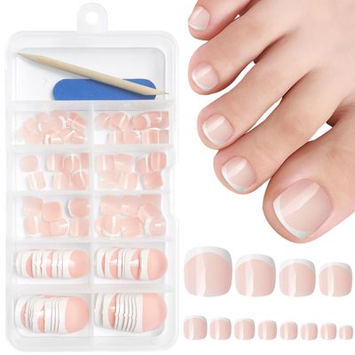 AddFavor 120pcs Press on Toenails for Women, Fake Toe Nail Press ons French Tip Fake Toenails Press on Toe Nails Glossy Acrylic False Toe Nail Tips for Women Girls Foot Manicure