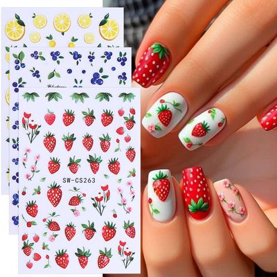 Fruit Nail Stickers Lemon Blueberries Strawberry Nail Decals 6PCS 3D Self - Adhesive Summer Nail Art Stickers Cute Fruit Nail Art Supplies for Women DIY Nail Decorations Accessories Charms
