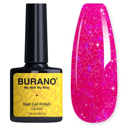 BURANO Glitter Gel Nail Polish - LED UV Curing, Holographic Effect, No Chip Sparkle Gel - Hot Pink (LP14)