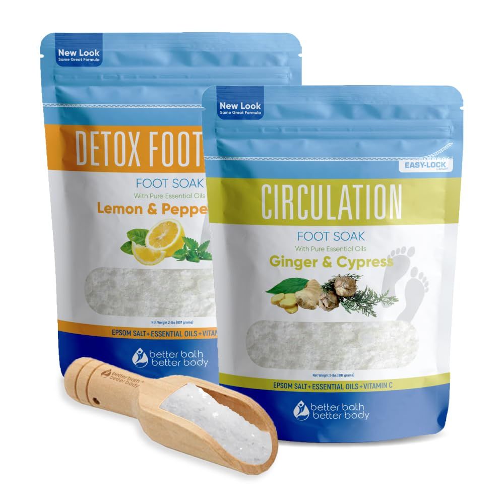 2 Pack Foot Soak Salts Bundle for DIY Foot Spa with Bamboo Scoop (2 lbs Each 4 lbs Total) for Discomfort and Dry Skin Made in USA with BPA Free Easy Lock Pouch