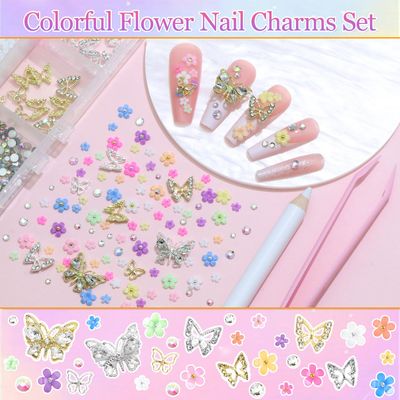 RODAKY Colorful 3D Flower Nail Charms, Metal Butterfly &amp; Gem Rhinestone Blossom Decoration