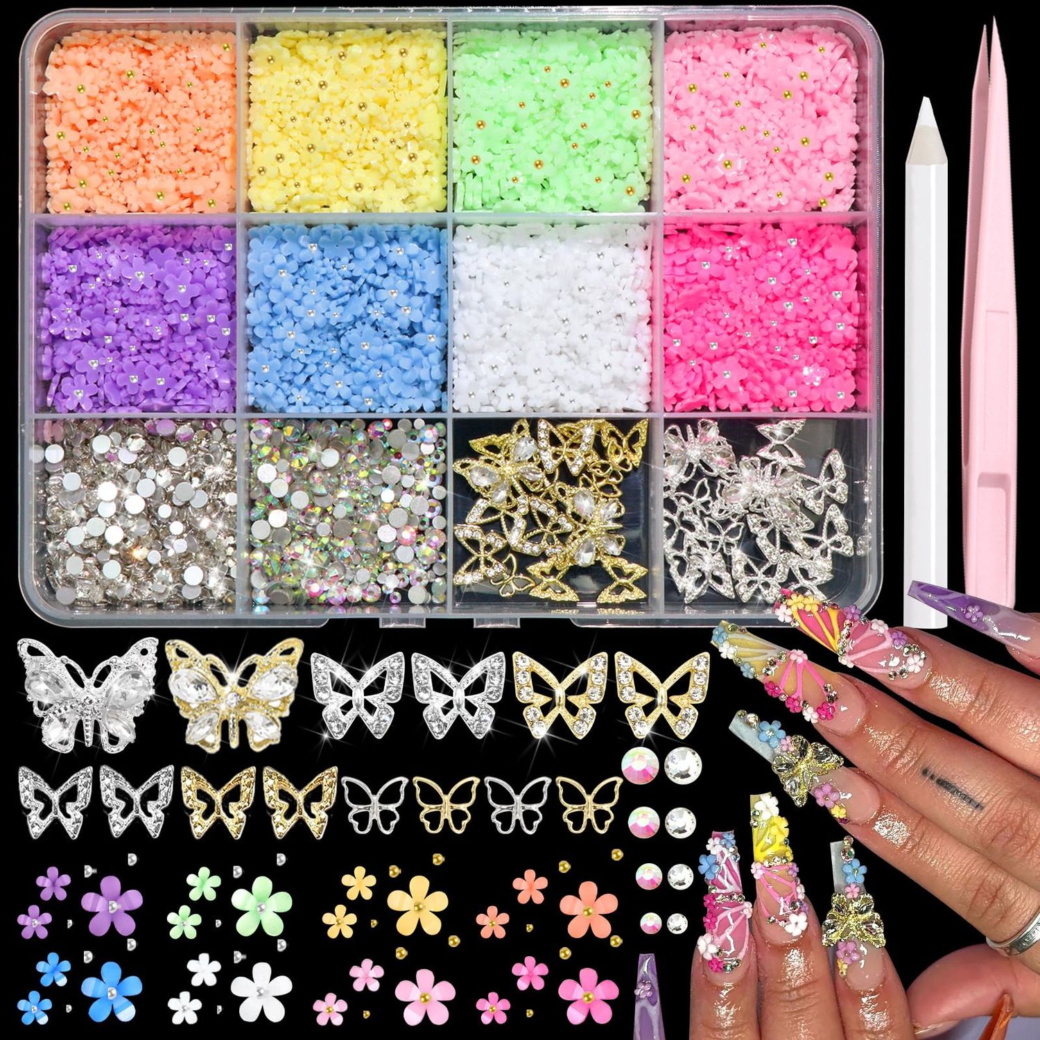 RODAKY Colorful 3D Flower Nail Charms, Metal Butterfly &amp; Gem Rhinestone Blossom Decoration