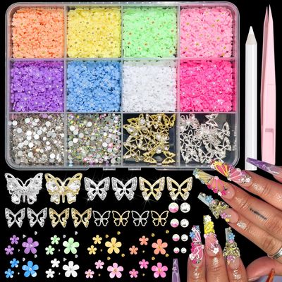 RODAKY Colorful 3D Flower Nail Charms, Metal Butterfly &amp; Gem Rhinestone Blossom Decoration