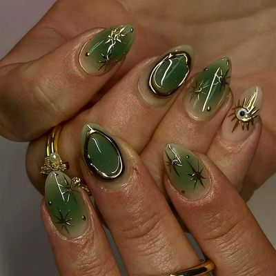 Yabonica Gradient Green Press On Nails Short Almond Fake Nails Press Ons with Gold Line Design,Glossy Glue On Nail for Cute Woman Kids Gift,24Pcs Gel Nails Nature Stick On Nails for Party Wedding Gift