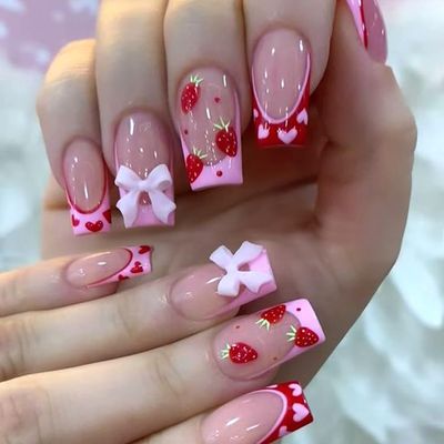 Strawberry Press on Nails Short Square Cute Bow Tie Design Pink Heart False Nails Artificial Coffin Nails Full Cover Acrylic Nails French Valentines Stick on Nails Reusable Glue on Nails for Women