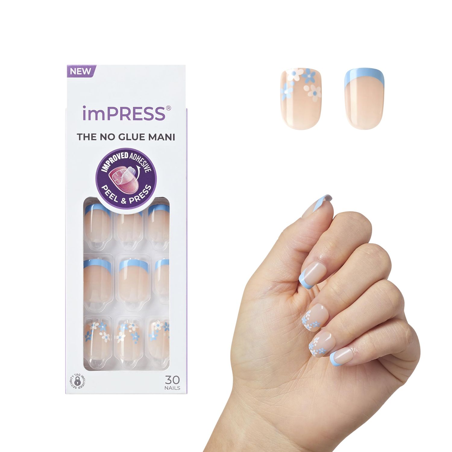 KISS imPRESS No Glue Mani Press-On Nails, French, Snooze, Light Neutral Blue Tip French, Short Size, Squoval Shape, Includes 30 Nails, Prep Pad, Instructions Sheet, 1 Manicure Stick, 1 Mini File