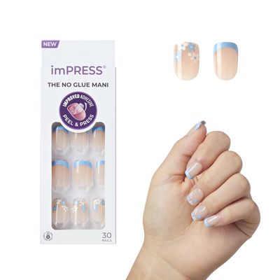 KISS imPRESS No Glue Mani Press-On Nails, French, Snooze, Light Neutral Blue Tip French, Short Size, Squoval Shape, Includes 30 Nails, Prep Pad, Instructions Sheet, 1 Manicure Stick, 1 Mini File