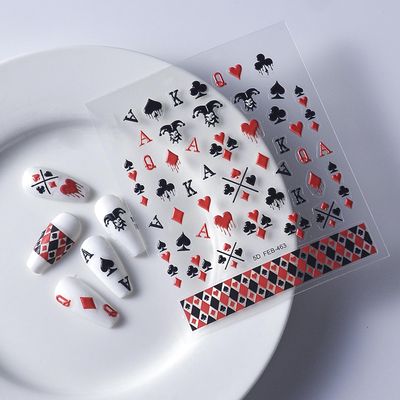 Poker Nail Art Stickers Playing Card Style Nail Decals Black Red Heart 5D Embossed Self-Adhesive Letter Graphics Nail Design Supplies Red and Black Plaid for Women Girls Nail Art Decoration