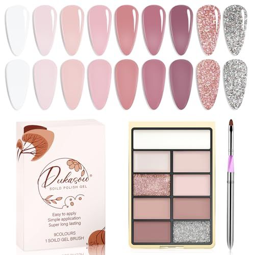 DUKASOU Solid Gel Nail Polish Set, 9 Colors Salt lake Gel Polish Manicure Palette Set Nude Pink Glitter Skin Tiny Solid Cream Nail Gel Polish for Salon DIY with Pro Nail Brush